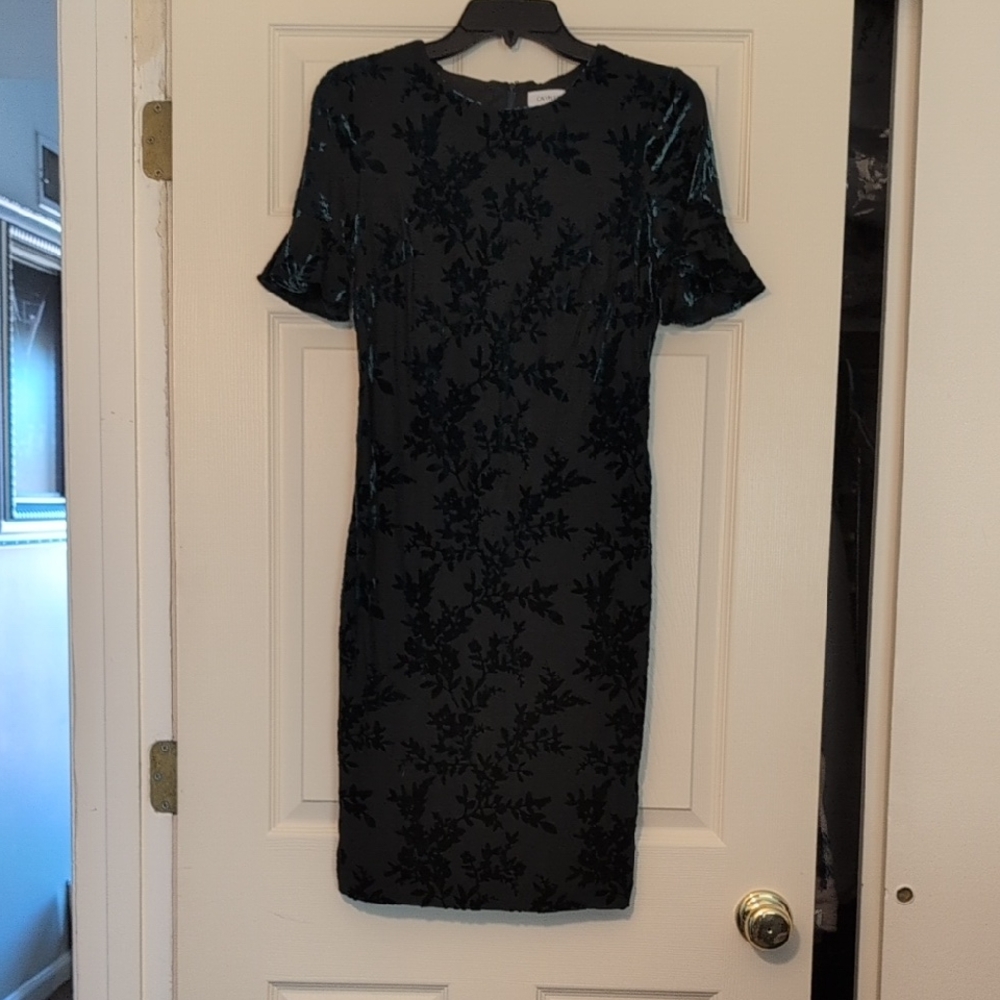 Calvin Klein Dark Green Velvet Burnout Floral Mini Dress Size 4